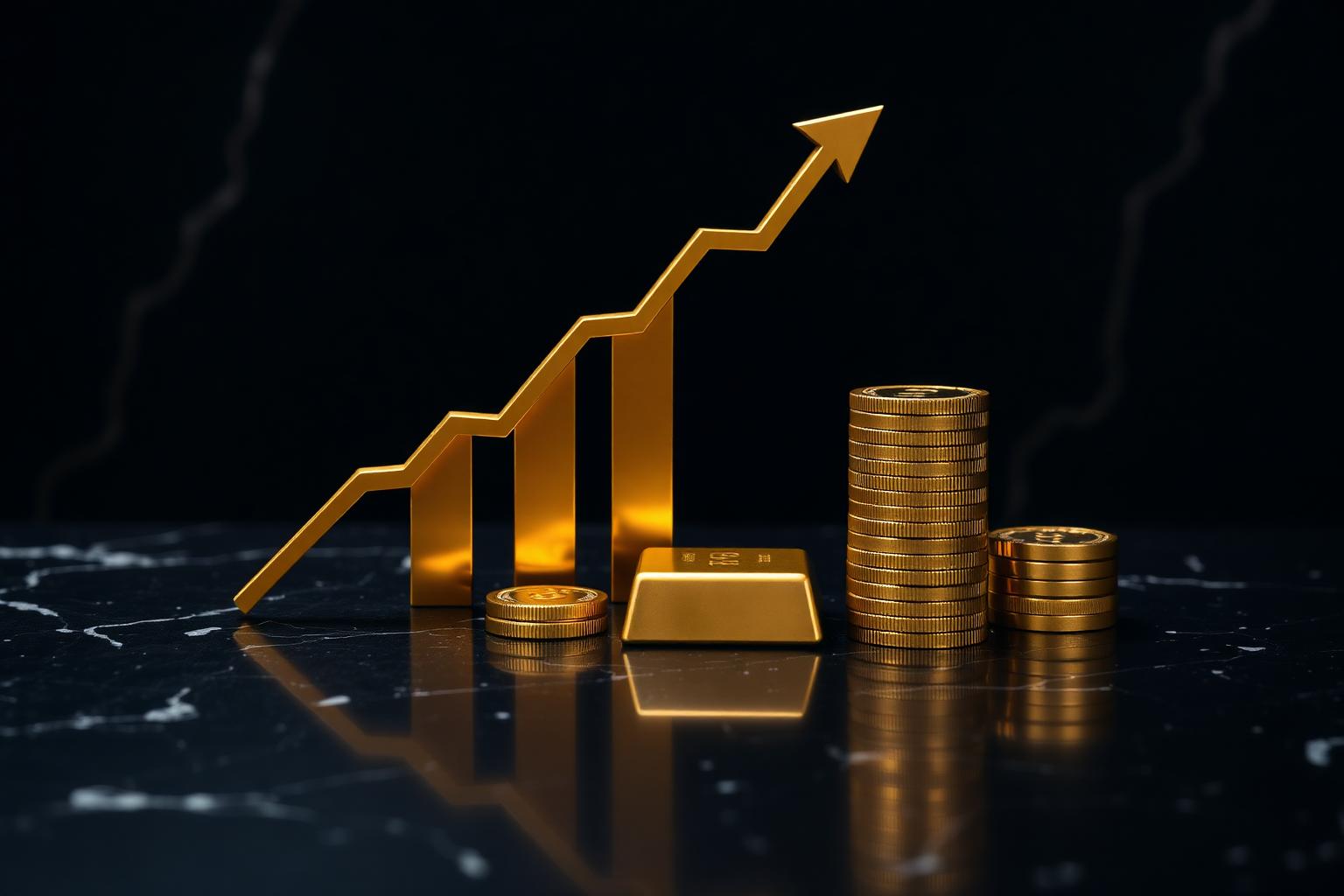 Graphique doré de croissance, lingots et pièces symbolisant la valorisation de l'investissement
